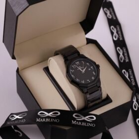 ​✨ أناقة شرقية عصرية: ساعة MARBLINO الرجالية السوداء بأرقام عربية (هندية شرقية) في علبة هدايا فاخرة