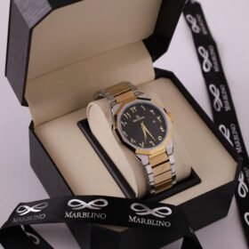 ساعة يد رجالية ثنائية اللون (ذهبي وفضي) من "BRANDDA" بأرقام عربية شرقية داخل علبة هدايا فاخرة "MARBLINO