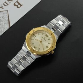 ساعة يد BRANDA رجالية كلاسيكية رياضية ثنائية اللون (ذهبي/فضي) بإطار ذهبي مثبَّت بمسامير وسوار من الفولاذ.