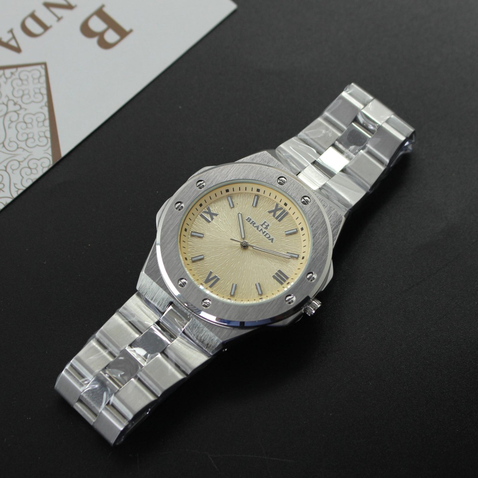 ساعة يد رجالية BRANDA (براندا) ستانلس ستيل كامل تصميم فخم إطار سداسي/ثماني وميناء شامبين مُنقّش