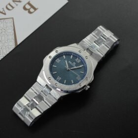 ​ساعة يد رياضية فاخرة "BRAND" للرجال، تصميم مثمن، مينا أزرق تيّل/أخضر، سوار ستانلس ستيل فضي