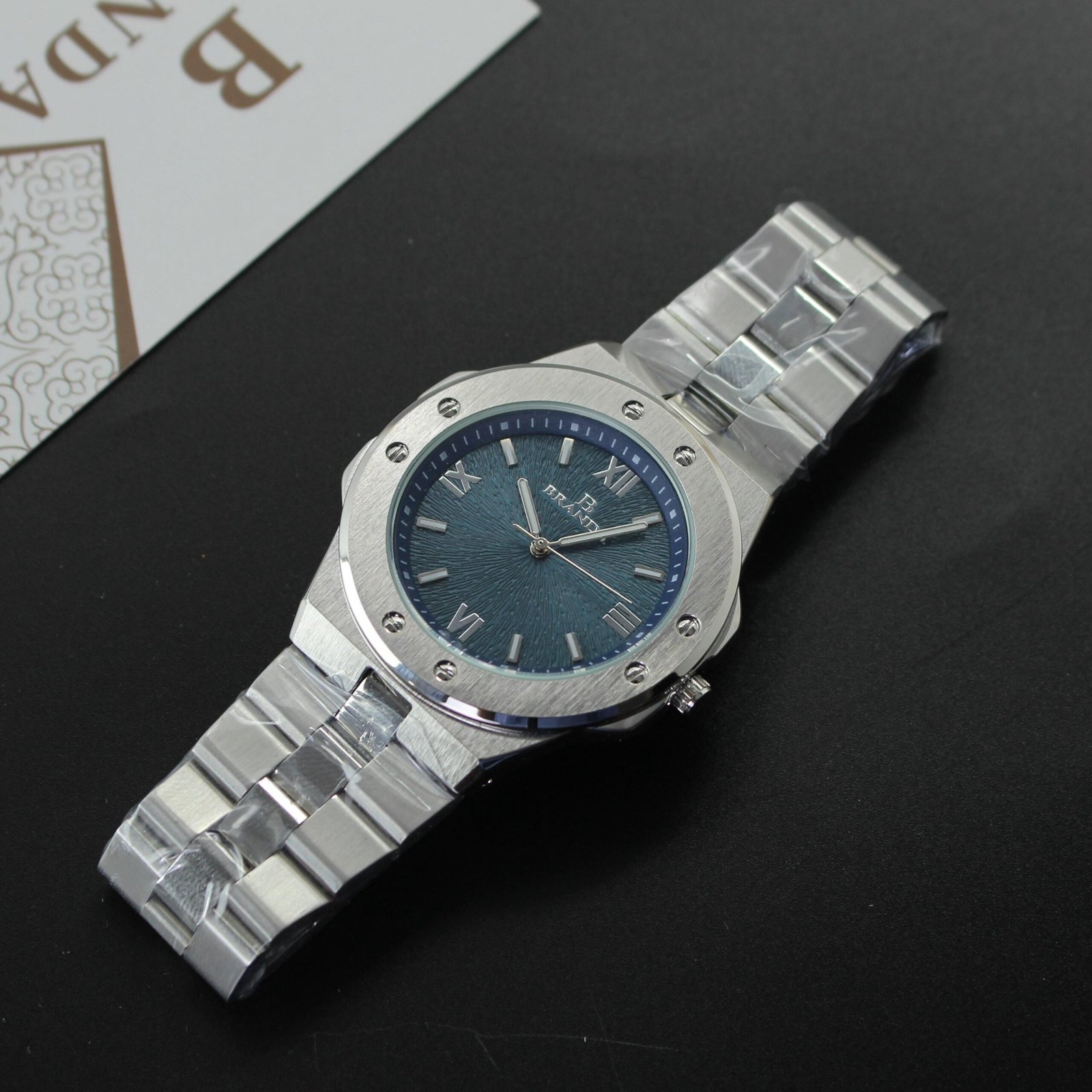 ​ساعة يد رياضية فاخرة "BRAND" للرجال، تصميم مثمن، مينا أزرق تيّل/أخضر، سوار ستانلس ستيل فضي