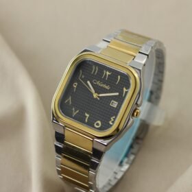 ساعة "Marbella" كلاسيكية مربعة ثنائية اللون (ذهبي وفضي)، مينا أسود وأرقام عربية شرقية ذهبية