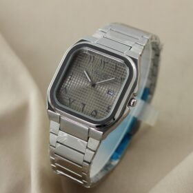 ساعة "Marbella" كلاسيكية مربعة فضية بالكامل، مينا رصاصي بنقش شبكي وأرقام عربية شرقية